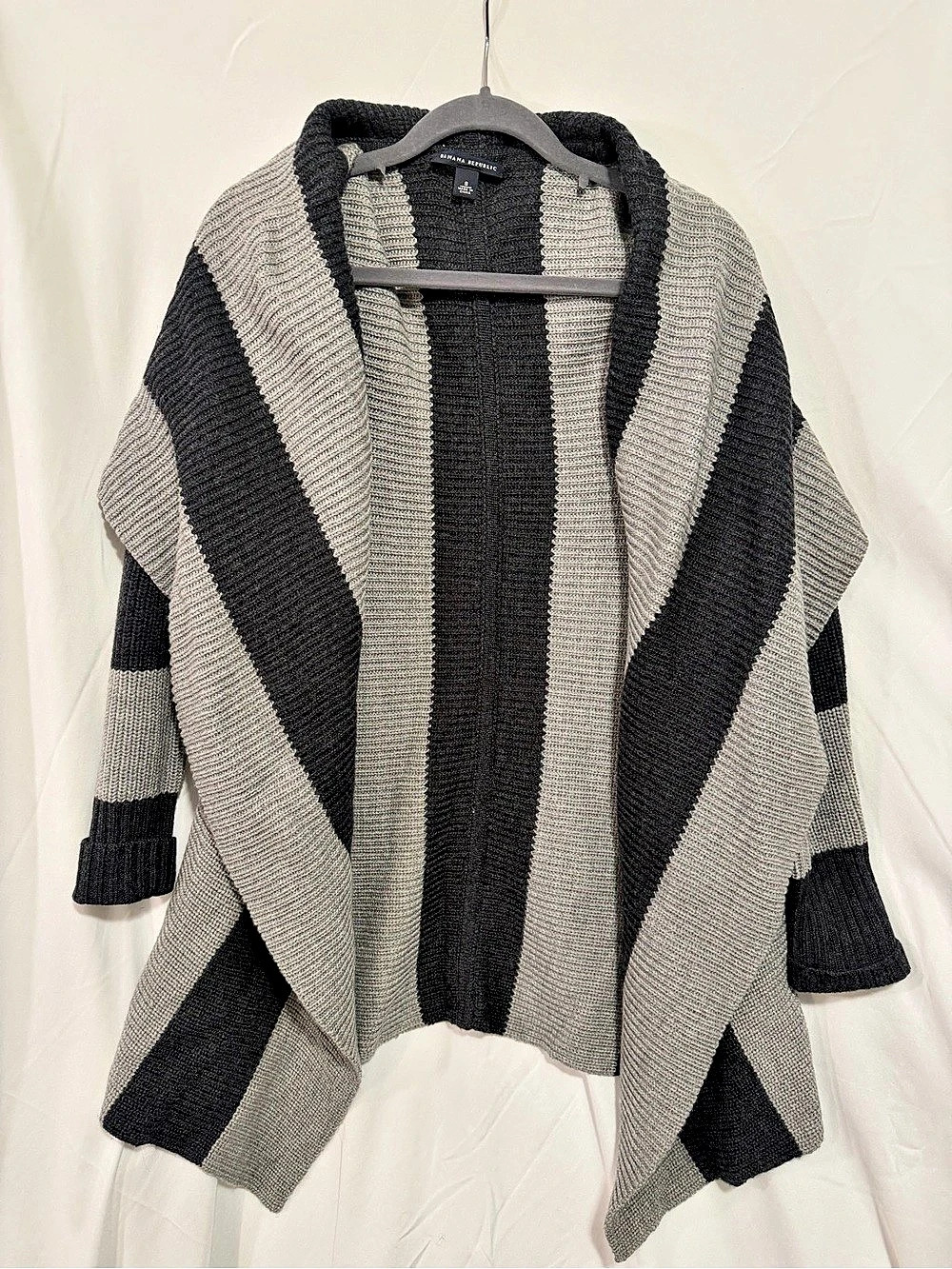 Banana Republic Cardigan Sweater Womens S Gray Black Striped Merino Wool Open